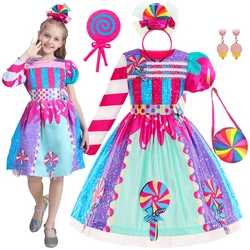 Lollipop Sweet Candy Purim Festival Princess Dress Girls Cosplay Costume Carnival Halloween Party Apparel Kids Rainbow Clothes