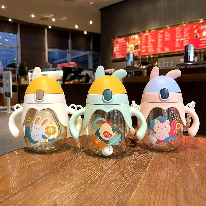 Cute baby cartoon bottle baby handle straps learning to drink cup children drinking cup straw cup water bottle