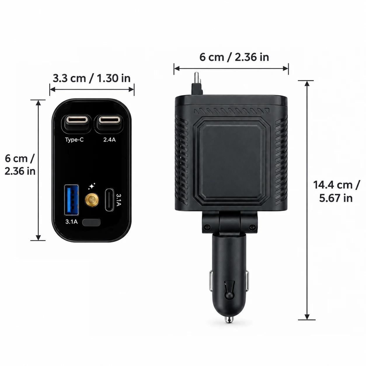 Tafdiur 1 Piece Black Abs Material 30W Fast Charging 2Usb Ports + 2Type-C Car Cigarette Lighter Charger Splitter, 4-in-1 Retractable Car Charger, with Red Starry Sky Ceiling Light, Fast Charging with Voltage Digital Display