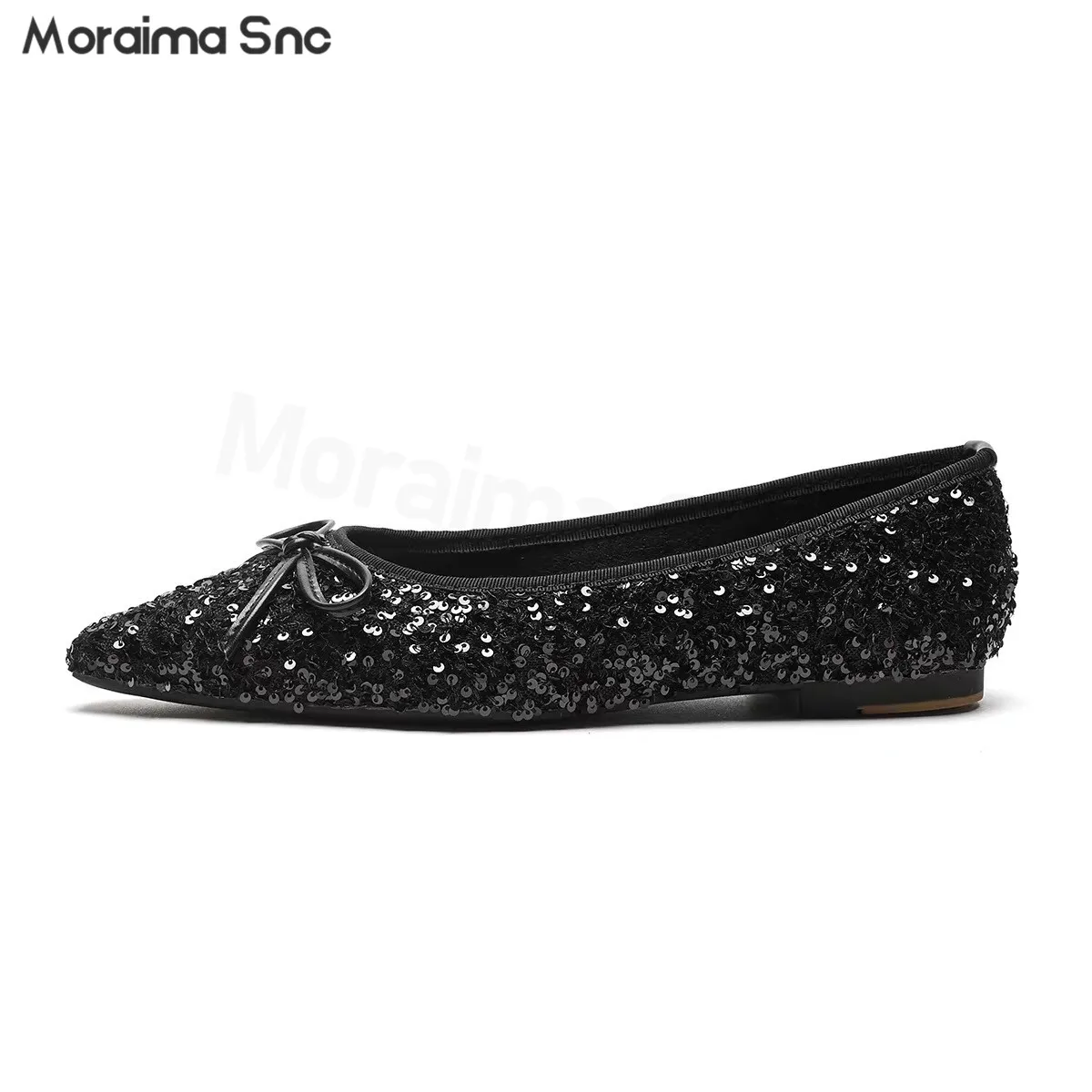 

Black Shiny Sequined Bowknot Shoes Pointed Toe Shallow Mouth Flat Soft Sole Shoes Fashionable Casual Women's Shoes