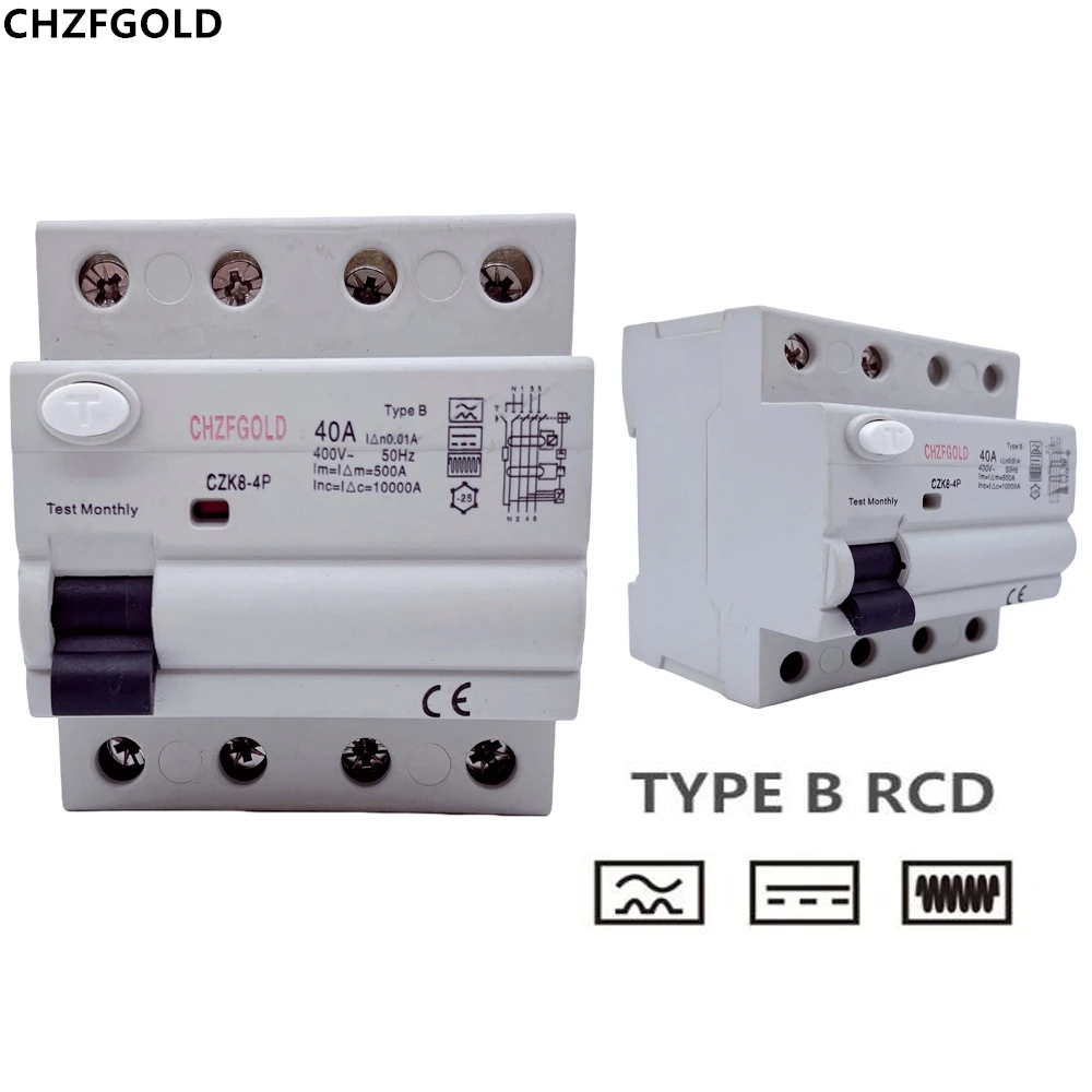 CHZFGOLD Din Rail B Type Aardlekstroomonderbreker DC RCCB RCD 4P 40A 63A 30mA 300mA Type B RCD 6KA