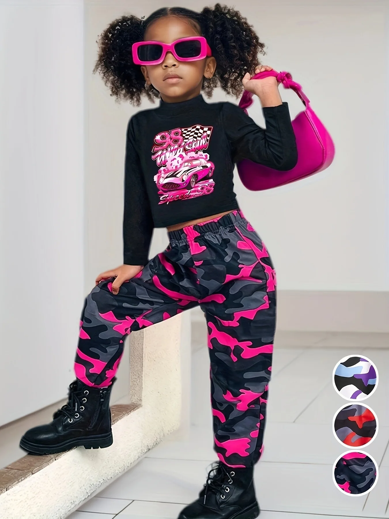 Fashion Girls 2 Pack Jogger Set Racing Car Print Long Sleeve Top & Pink Camo Pants Street Style Clothing
