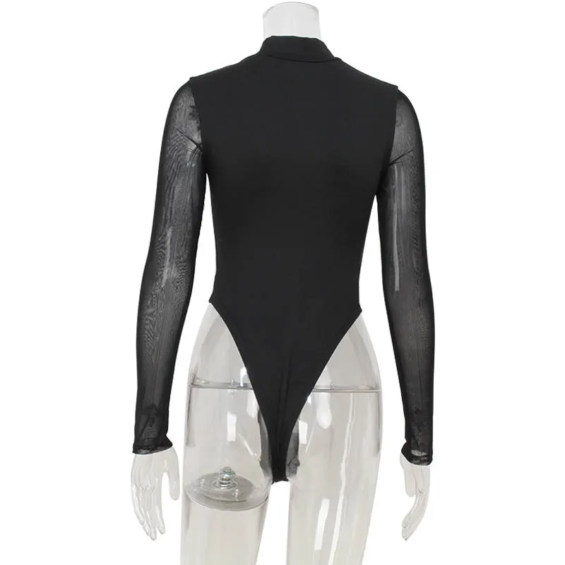 Black Mesh Long Sleeve Bodysuit for Women Front Hollow Out Bandage Bodysuits