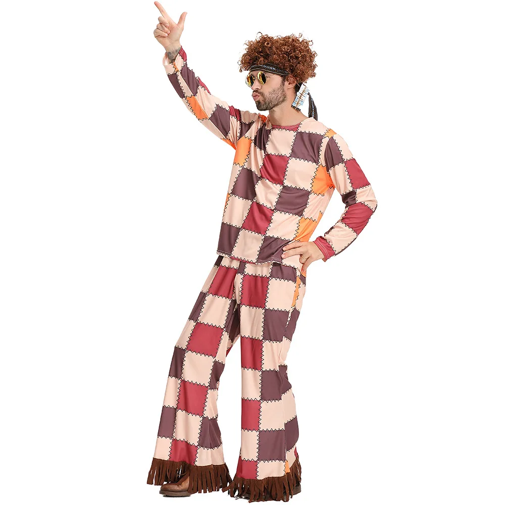 Costume de Cosplay Hip Hop pour hommes, mode de carnaval pourim, rétro à carreaux Disco, tenues de chanteur Hippie, ensemble de vêtements de fête pour jeu de rôle d'halloween