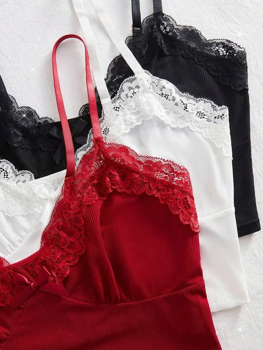 Womens Lace Trim Pajama Set With Bow Detail Sleeveless Top And Shorts Solid Color Comfortable Home Wear