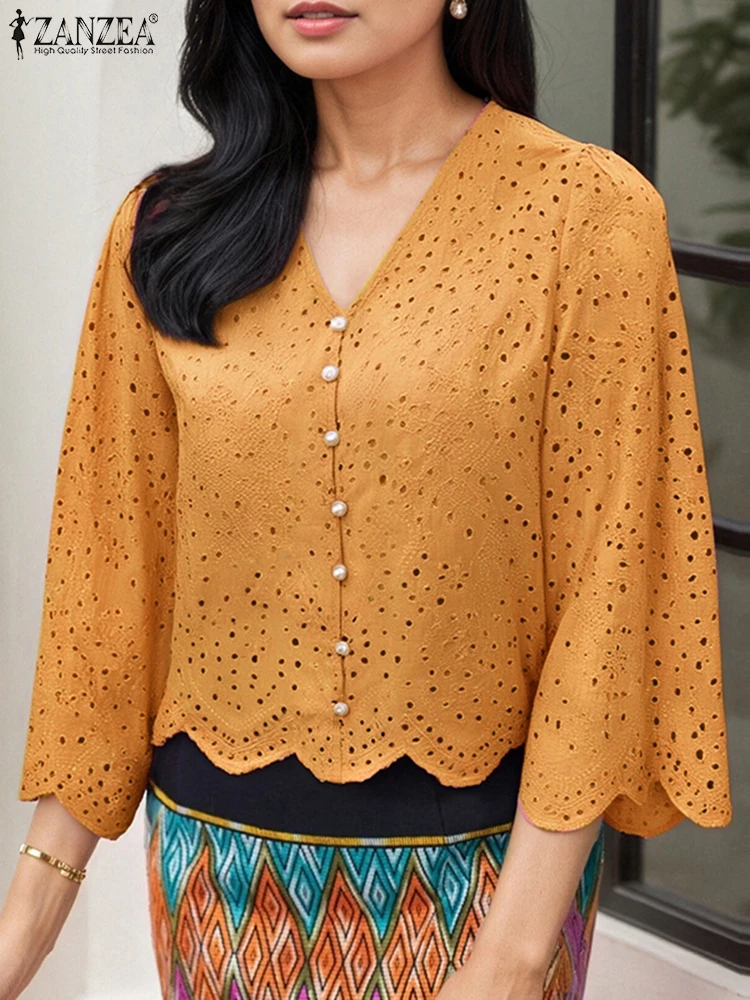 

ZANZEA Elegant Women Summer Cotton Lace Shirt Flare Sleeve Casual Tunic Tops 2025 Fashion V-Neck Buttons Solid Blouse Blusas