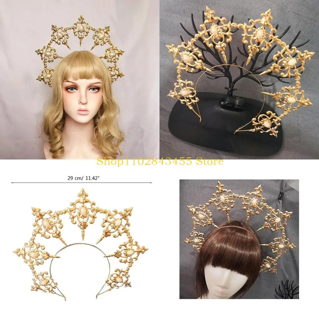 49MC Womens Mary Halos Crowns Headband Spiked Gold Moon Headpiece