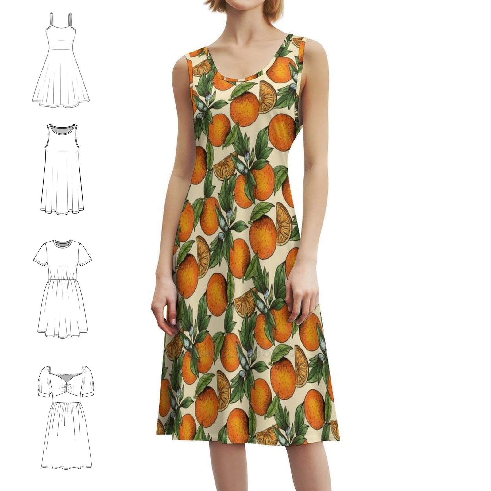 Hand Drawn Orange Food Pattern Preppy Style Mini Dress For Women A-Line Loose Fit Casual Day Dress Fruit Fresh Orange Oranges