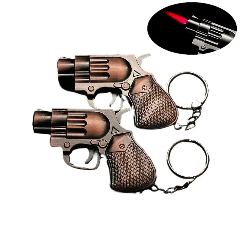 

New Cool Mini Pistol Lighter Revolver Gas Inflatable Jet Flame Windproof Lighters Metal Keychain Pendant Lighter Gun Gift No Gas