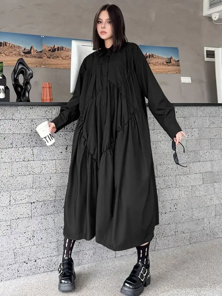 女性用黒プリーツイレギュラービッグサイズミディシャツワンピース新作ラペル長袖ファッション潮春秋
