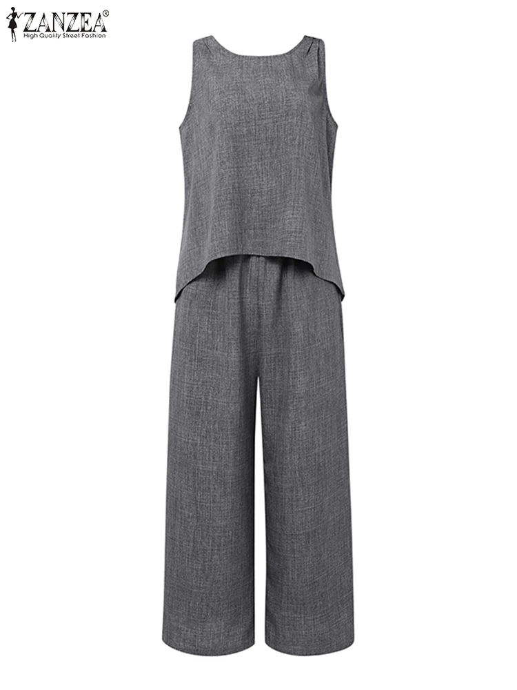 

ZANZEA Women Wide Leg Pants Sets Lace Hollow Out Tops Vintage Pants Solid Casual Two-piece Outfits 2025 Oversized Matching Sets