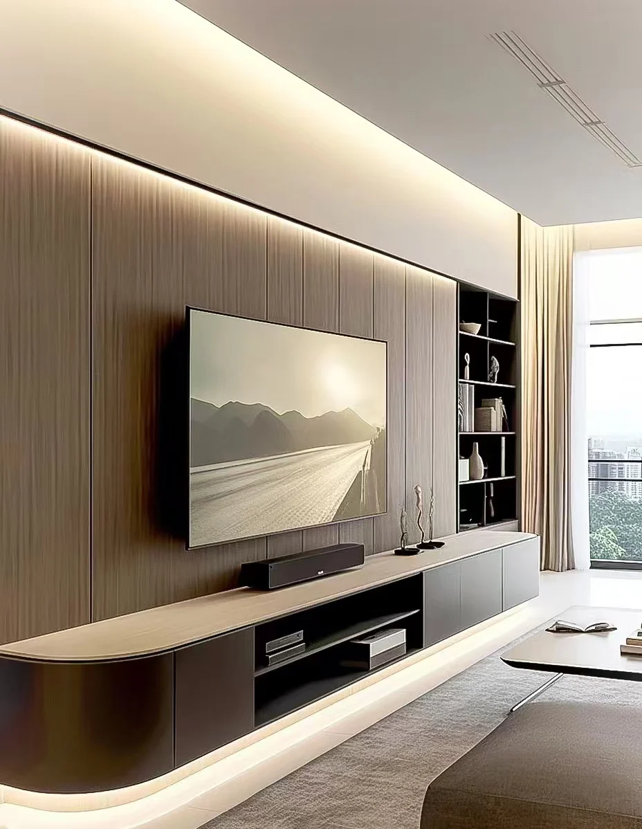Modern wood design LED TV feature wall floating TV cabinet, suitable for living room and bedroom furniture