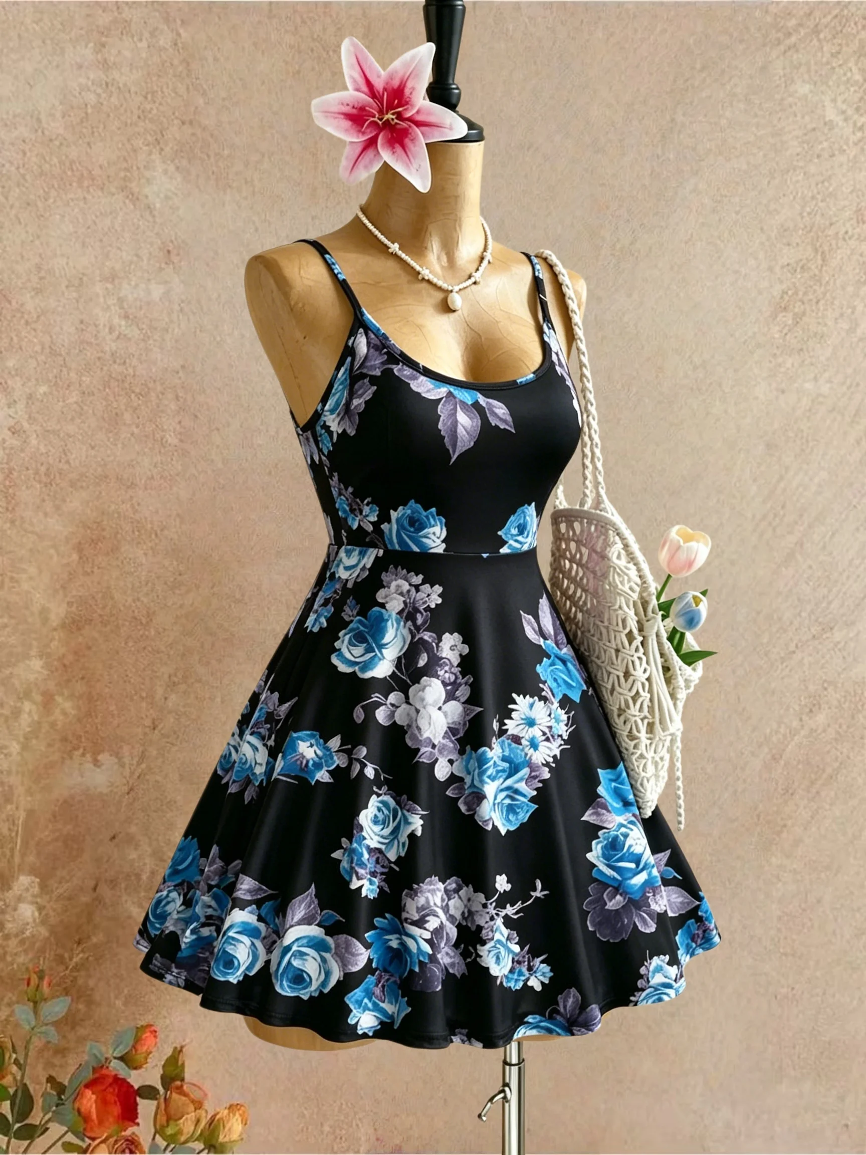 Plus Size Women Spaghetti Strap U Neck Blue Floral Print High Waist Swing Mini Dress 2026 Summer Y2K Black Background Sleeveless view 4