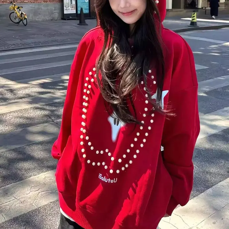 

Stylish Pearl Beading Hooded Sweatshirts Autumn American Printed Female Clothing Long Sleeve Vintage Loose Young Style Hoodies