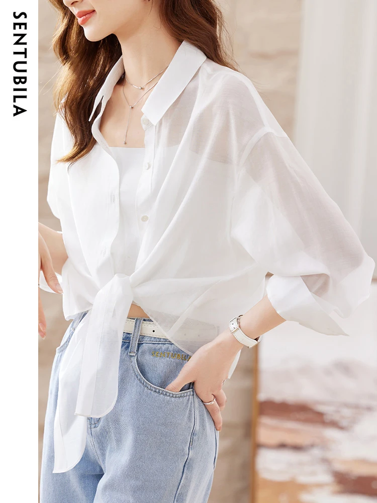 SENTUBILA Sheer Knot Shirts Women 2024 Elegant Casuals Long Drop Sleeve Button Up Shirts & Blouses Female Clothes 132C48674