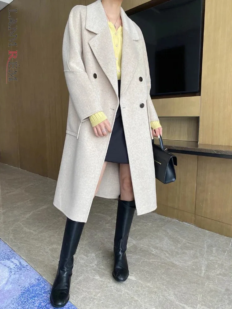 [LANMREM] Elegant 100% Wool Coats For Women Notched Double Breasted Office Lady Warm Long Outwear Fashion 2024 Winter New 26C990