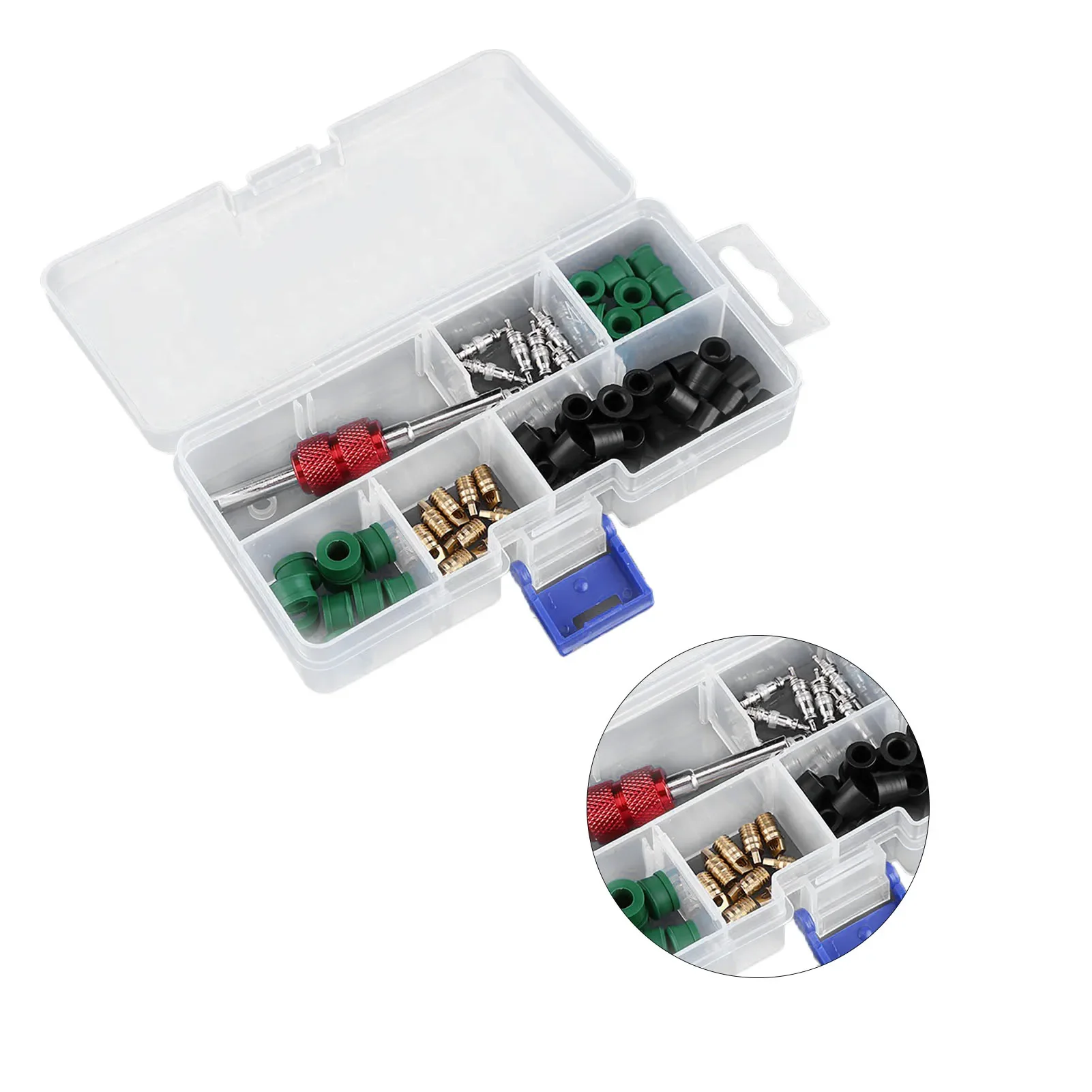 71pcs A/C Valve Air Condition Repair Kit  Repair Tool 10pcs Valve Cores 50pcs Hose Gaskets 10pc Valves Bore Valve Key Tools