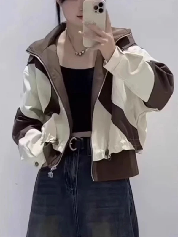 

Extra Large 300 Pounds Color Block Hooded Cardigan Jacket Women's Casual Autumn Winter Outerwear Zipper Polyester Fiber