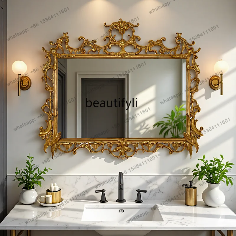 D30 French Retro Bathroom Mirror Wall-Mounted American Style Light Luxury Vanity Bathroom Decorative Mirror