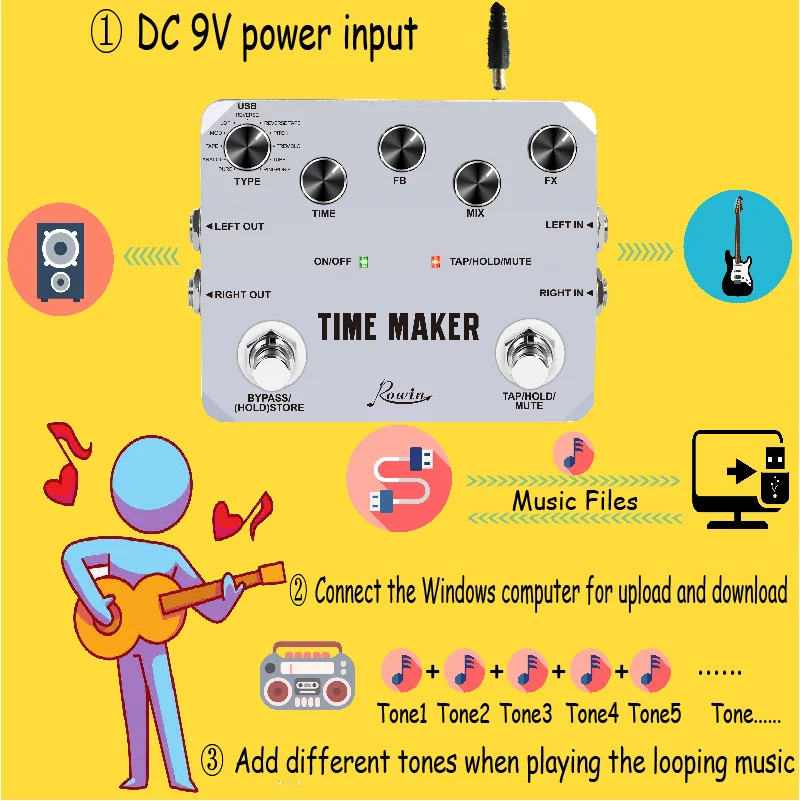 Rowin LTD-02 Guitar Time Maker Pedal Ultra Delay Effect Pedals For Electric Guitars 11 Types Delay True Bypass Full Metal Case