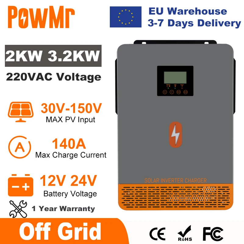 PowMr 2000 Вт 3200 Вт Гибридный солнечный инвертор 12 В 24 В 220 В Чистый синусоидальный инвертор 2 кВт 3,2 кВт с MPPT 140 А Зарядное устройство для солнечной батареи