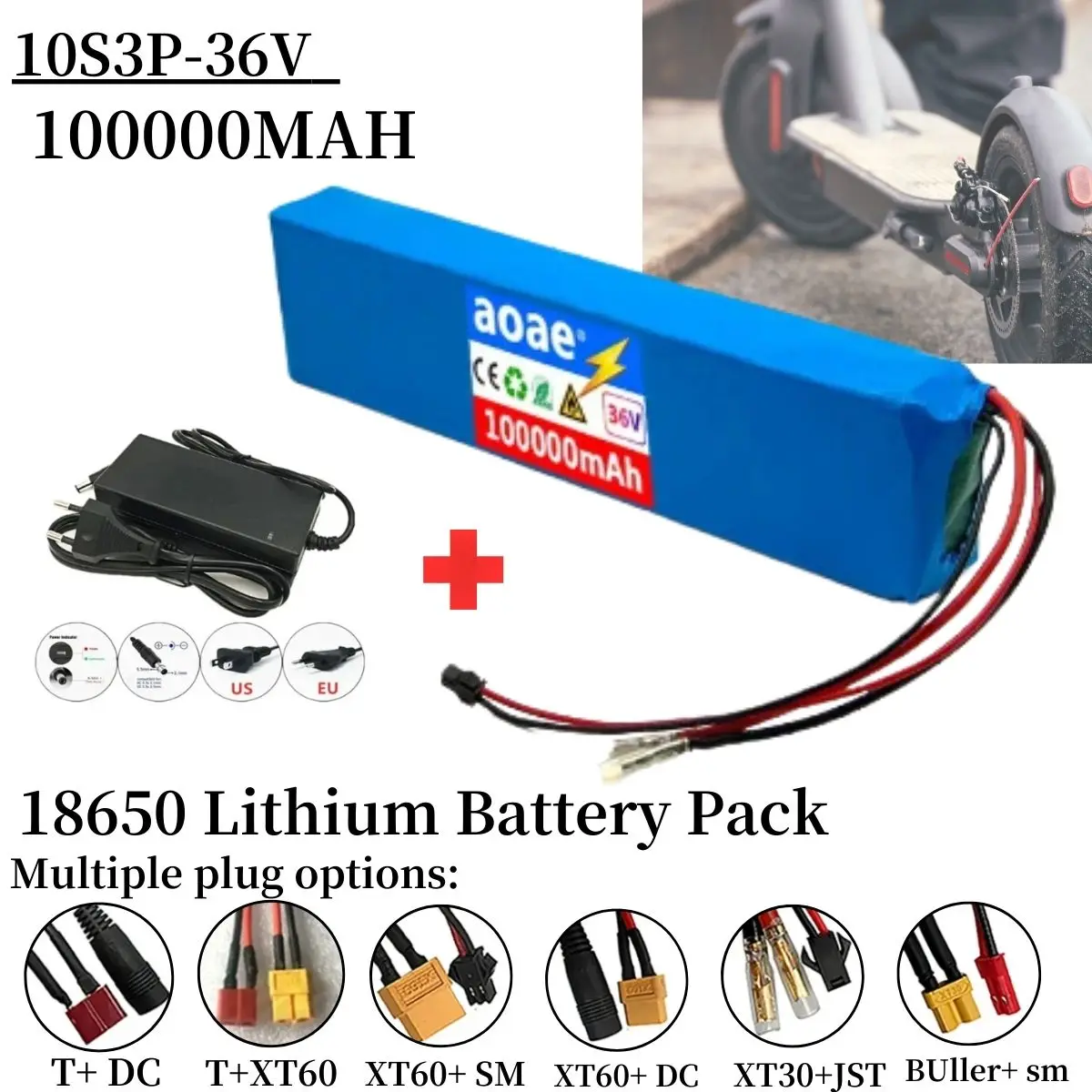 Bloco recarregável da bateria de lítio com BMS e o carregador, 10S3P, 36V, 100000mAh, 18650, poder alterado, bicicleta, "trotinette", veículo elétrico