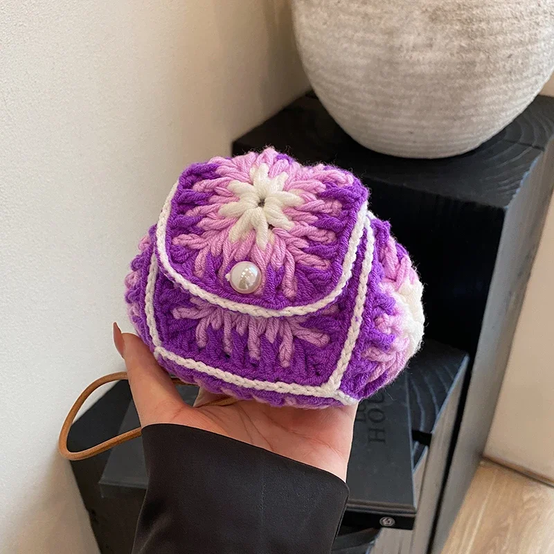 

Handmade Woven Bag For Women Purple Woolen Shoulder Crossbody Bag Fashion Knitted Handbag Young Girl Crochet Mobile Phone Bag Mi