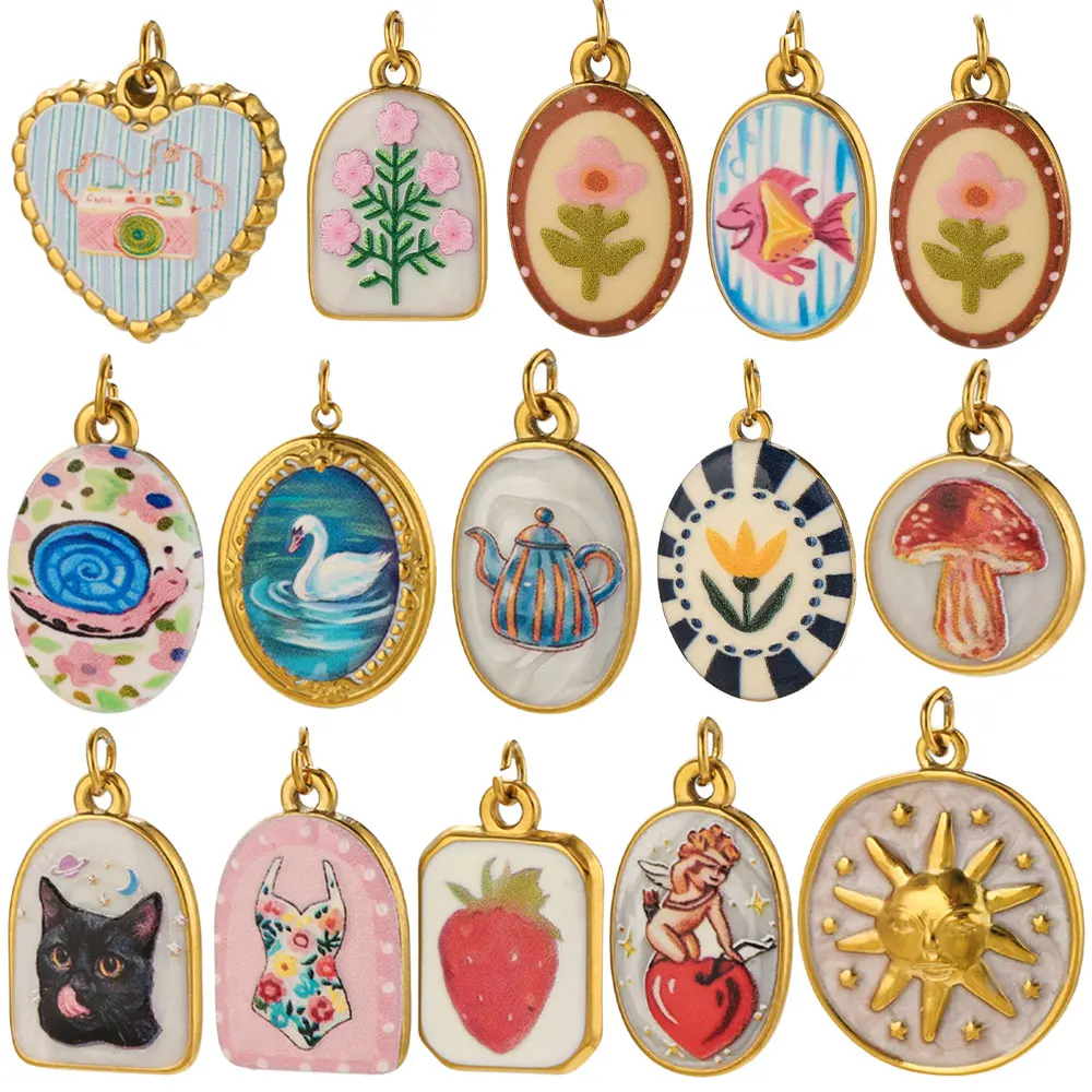 2Pcs Stainless Steel Ceramic Charm Oval Heart Printed Flower Cat Enamel Pendant for DIY Necklace Earring Jewelry Making Findings