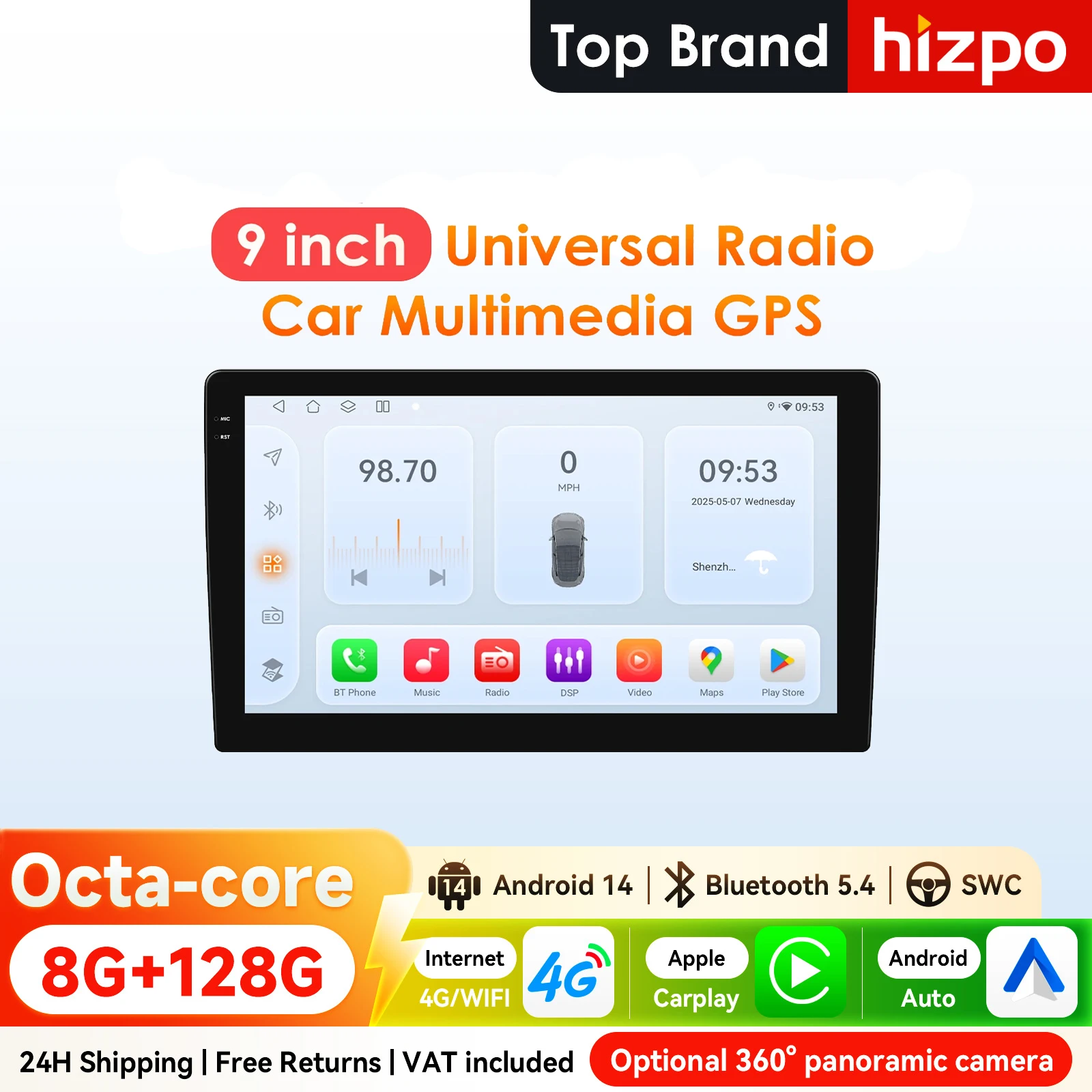 Hizpo 2DIN 9inch Android CarPlay Universal Car Radio Generic Multimedia Player GPS Navigation WiFi Bluetooth RDS DSP SWC 4G-LTE Optional No Canbus