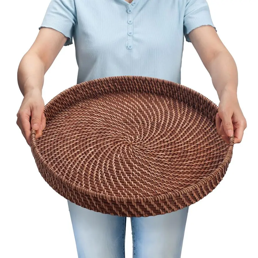 

inch Rattan Tray, Round Wicker Tray with CutOut Handles, Woven Serving Tray for Dining Coffee Table
