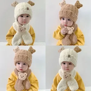 2pcs/set Autumn Winter Plush Warm Newborn Beanie Scarfs Fashion Kawaii Cartoon Bear Infant Baby Crochet Bonnet Scarfs Baby Hat