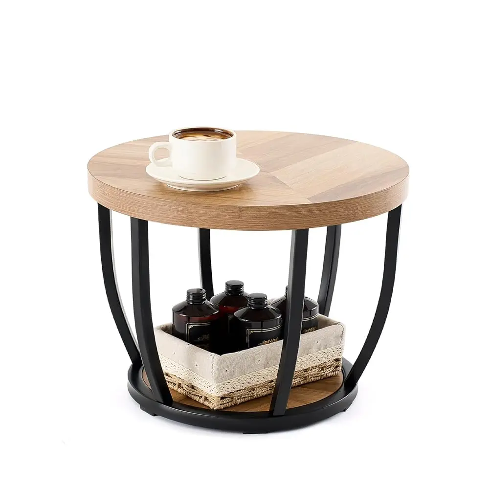 

Round Coffee Table, 2-Tier Circle Wood Coffee Table With Storage Shelves, Modern Industrial Wooden Accent Center Sofa Side For