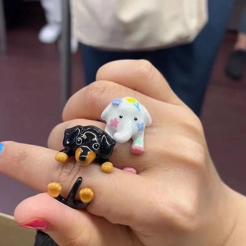 Hot Selling Female Ins Niche Design Child like Cute Dachshund Cartoon Elephant Ladies Ring Wholesale