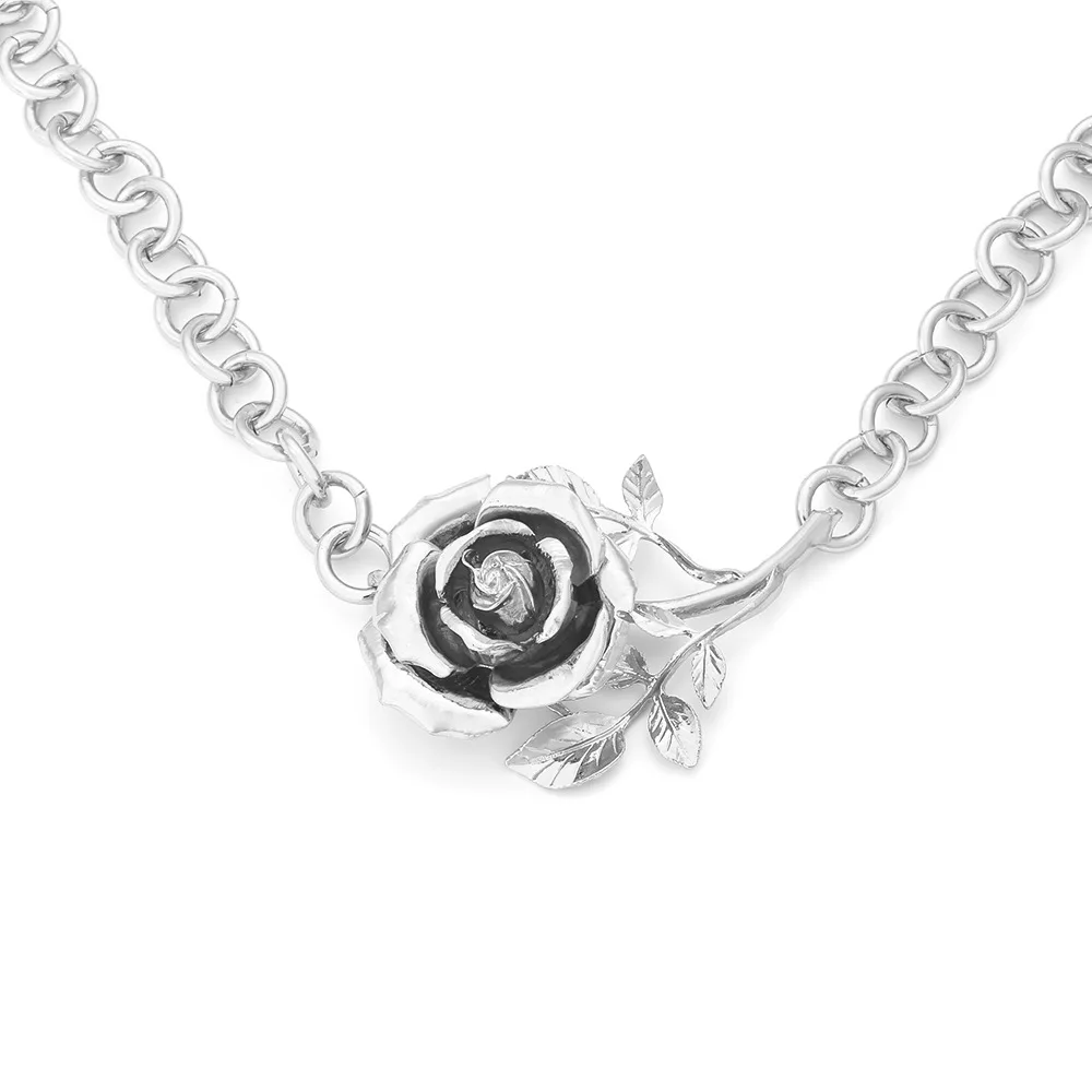 Unique ZA Metal Rose Pendant Necklaces for Women Thicken Circle Alloy Chains Link Flower Necklace Wedding Jewelry