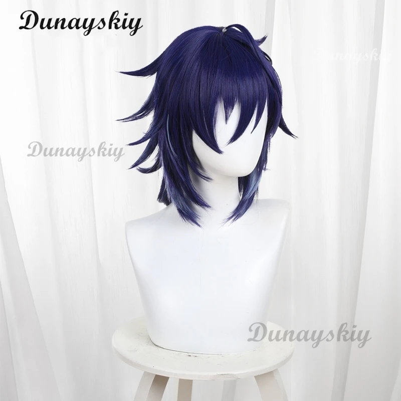 원신 임팩트 오로론 코스프레 가발 게임 다크 블루 짧은 머리 나틀란 할로윈 파티, 여성 남성 역할 놀이 소품 액세서리