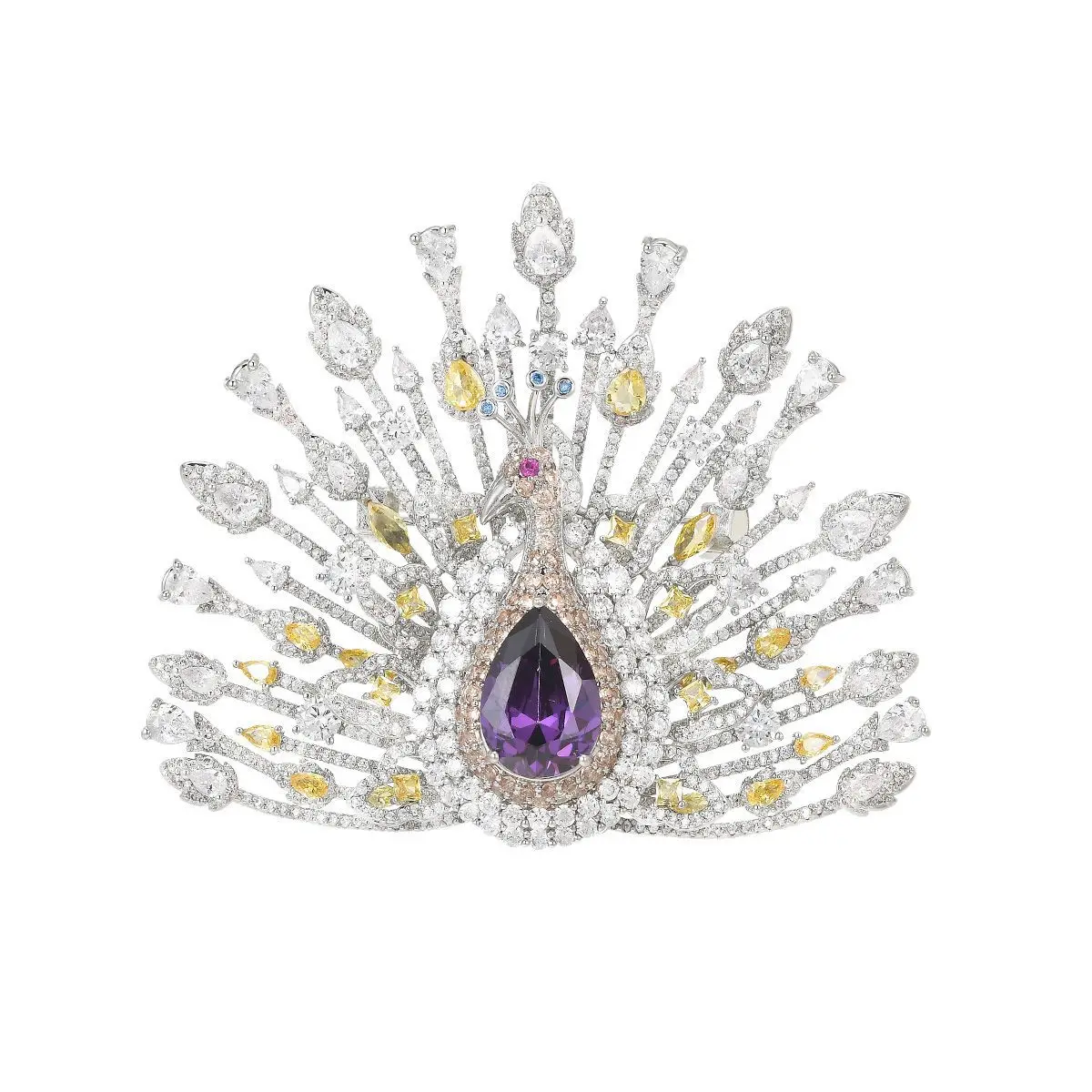 Luxury Purple Gradient Peacock Brooch Elegant Full Rhinestone Animal Pin Clothing Accessory