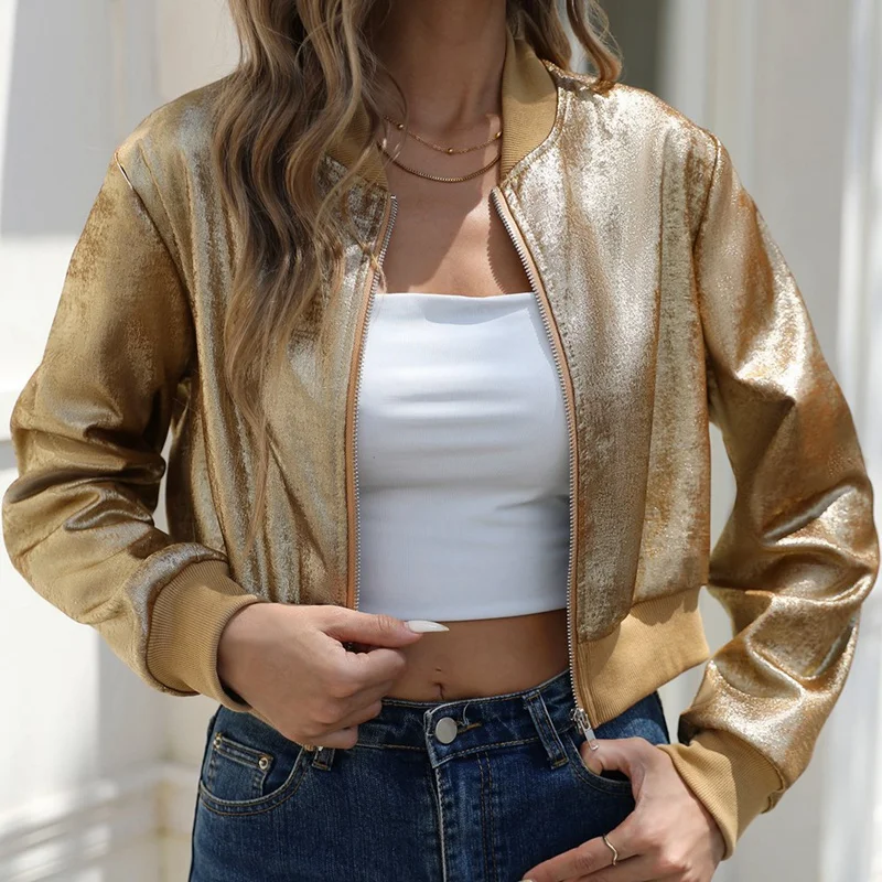 

Women's Cropped Baseball Jacket Female Spring Autumn Lady O Neck Casual Petite Clothing Top Short Length Jacket