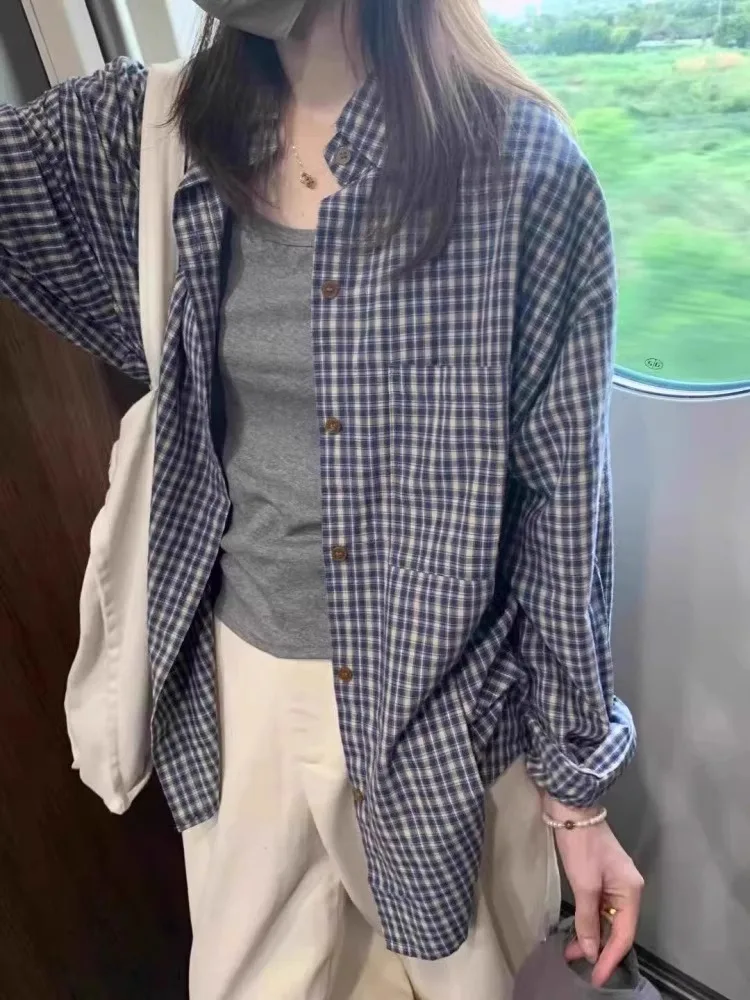 

Loose Fit Long Sve Blue White Plaid irt Men's Summer Thin Sle Sun Protection Lazy Sle Outerwear Top Breathable