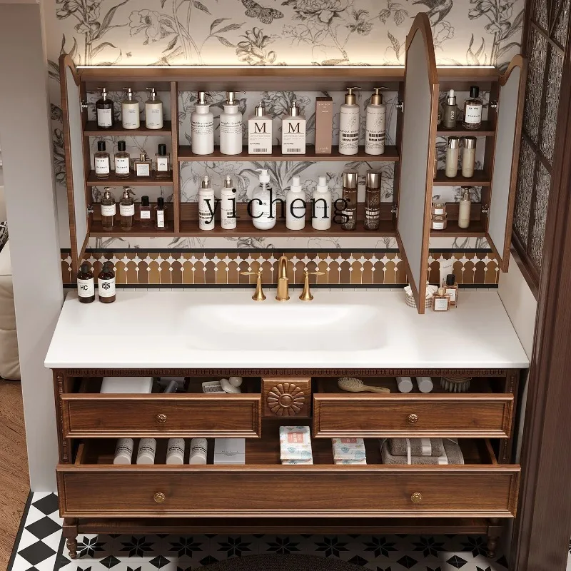 TP-25 French retro medieval oak bathroom cabinet combination floor-to-ceiling American washbasin view 5
