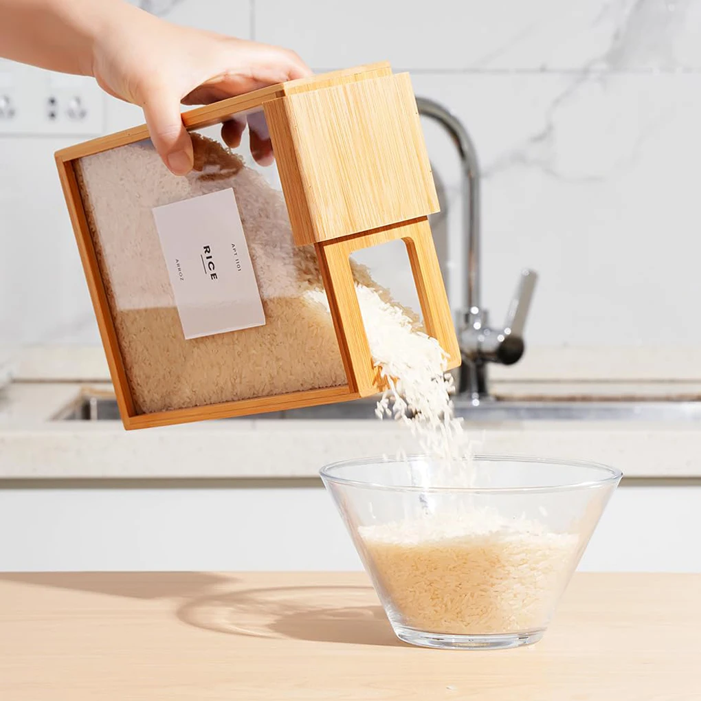 

amboo Wood Food Dispenser 2.2L Kitchen Organizer for Pasta Cereals Sealed Pantry Storage Container with Clear Acrylic Lid