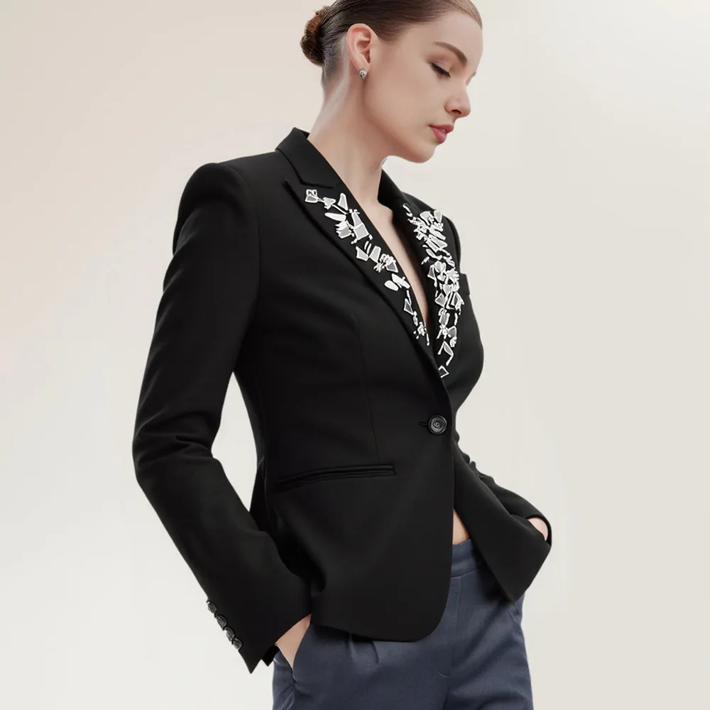 

Luxury Sequins design women black jacket long sleeve OL Single Button blazer