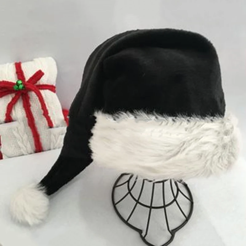 Plush Christmas Hat Black Unisex Xmas Hats For Adults Kids Comfortable Santa Claus Cosplay Supplies Christmas Party Decor Gift