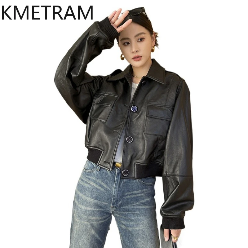 KMETRAM Schwarze Lederjacke aus natürlichem Schaffell mit kleinem Reverskragen und kurzer Herbstneuheit 2025, Damenbekleidung Afrikaans Afrikaans