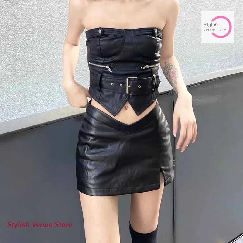 Korean style irregular high waist split silver skirt female spring and summer fashion temperament spice girl hip leather skirt
