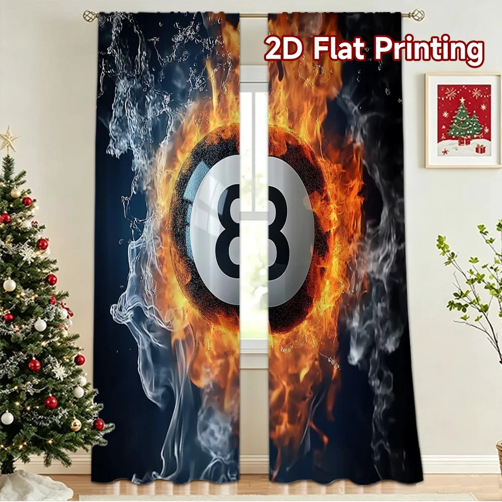 2D flat 2pcs Curtain Home Short Curtains Flaming Eight Ball Durable polyester fiber Family Party Decoration Use for Indoor