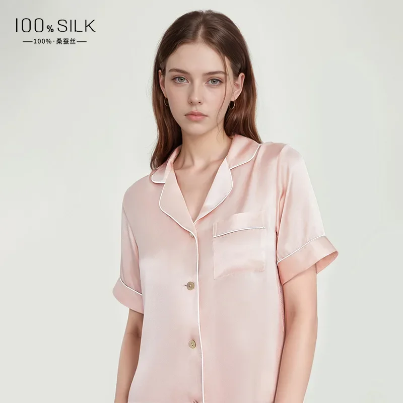 

19MM 100% Mulberry Silk Women's Pajamas Set Solid Color Sleepwear Button Pajama 2 Piece Suit Pyjama Femme Nightwear Loungewear