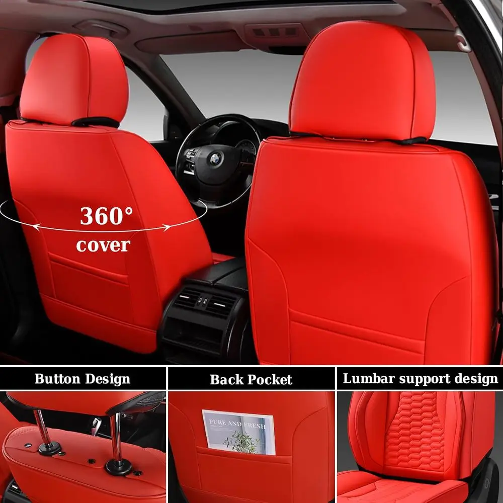 Luxury Red Leather Seat Covers, Waterproof Protection for Most Cars, SUVs, and Trucks