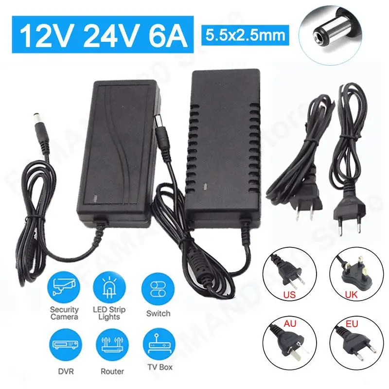 

AC 100-240V to DC 12V 24V 6A CCTV Camera Power Adapter Universal 5.5x2.5mm Charger Adaptor Supply EU US UK AU LED Light Strip