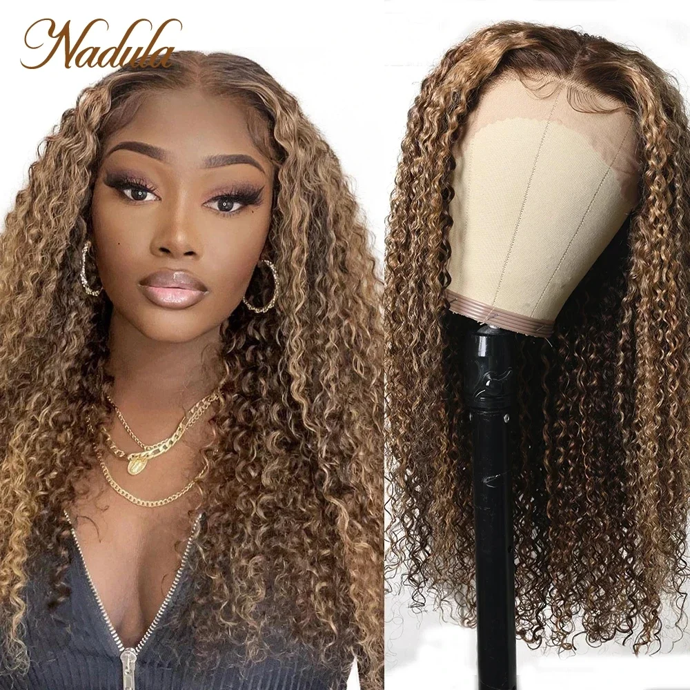 Nadula Hair 13X4 Highlighted Curly Lace Frontal Wig Body Wave Hair With Highlight Wig Human Hair Honey Brown Color for Women