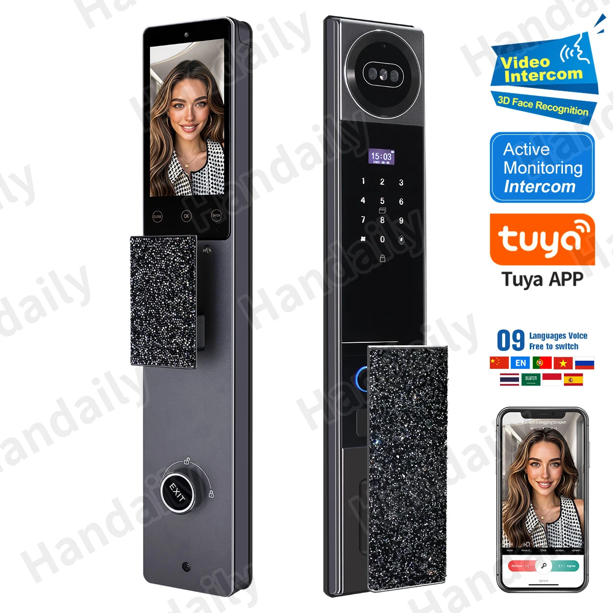 Handaily Multi-Language  Face Recognition Tuya Wifi Door Lock Lock Anti-Peeking Easy to Install Video Intercom Smart Locks